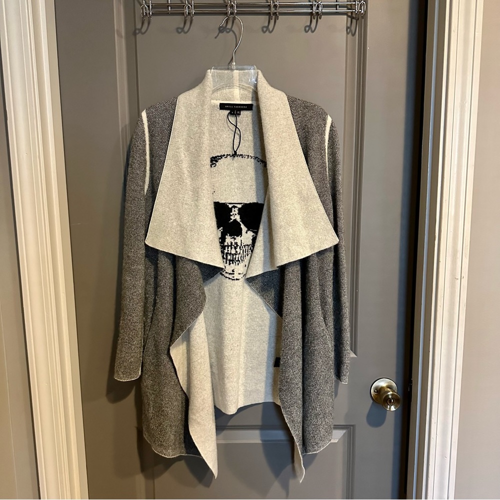 Skull Cashmere Womens Beige Gray Skull Graphic Open Cardigan Sweater